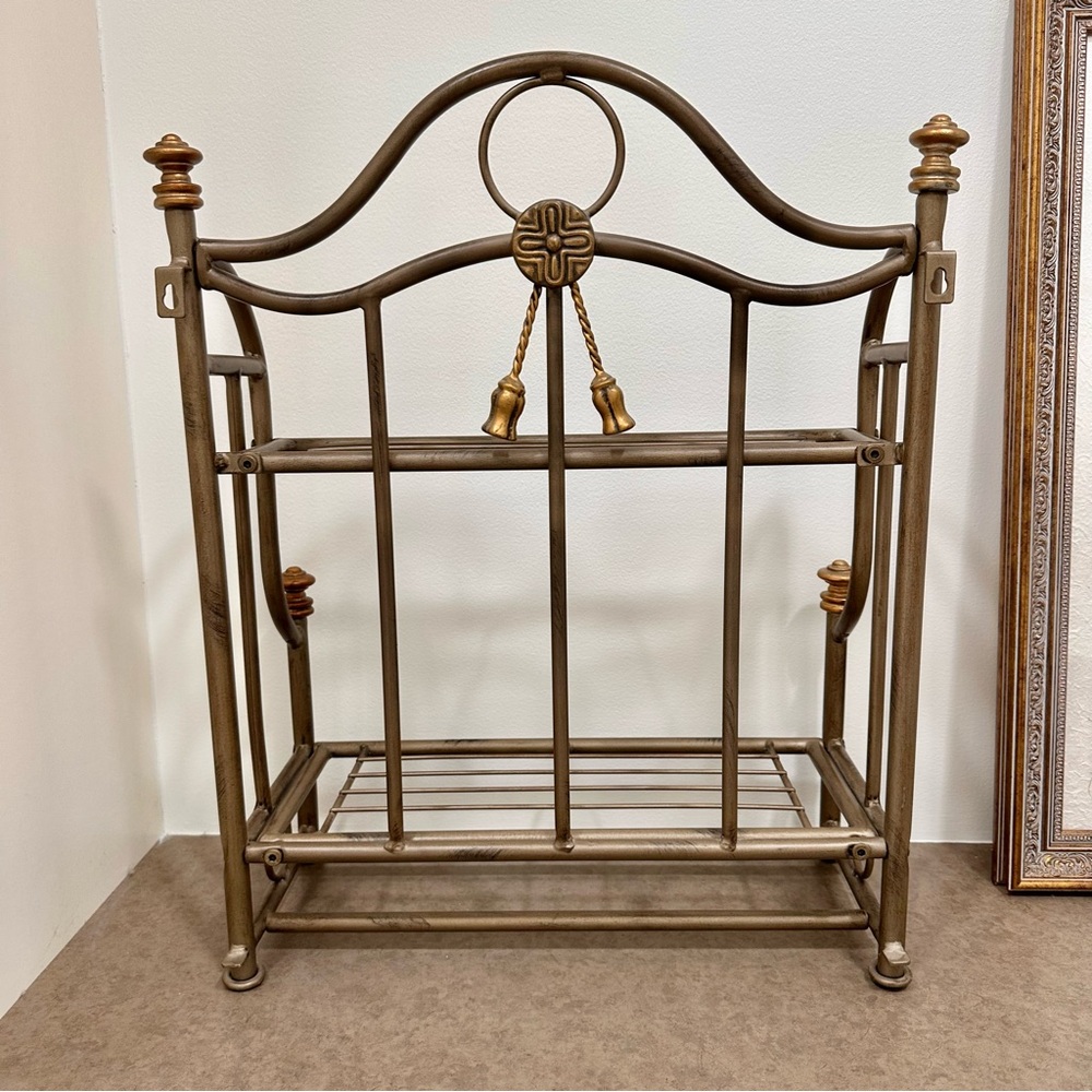 Vintage metal 2 tier wall table shelf gold brass tones tassels gorgeous like new - Picture 10 of 15